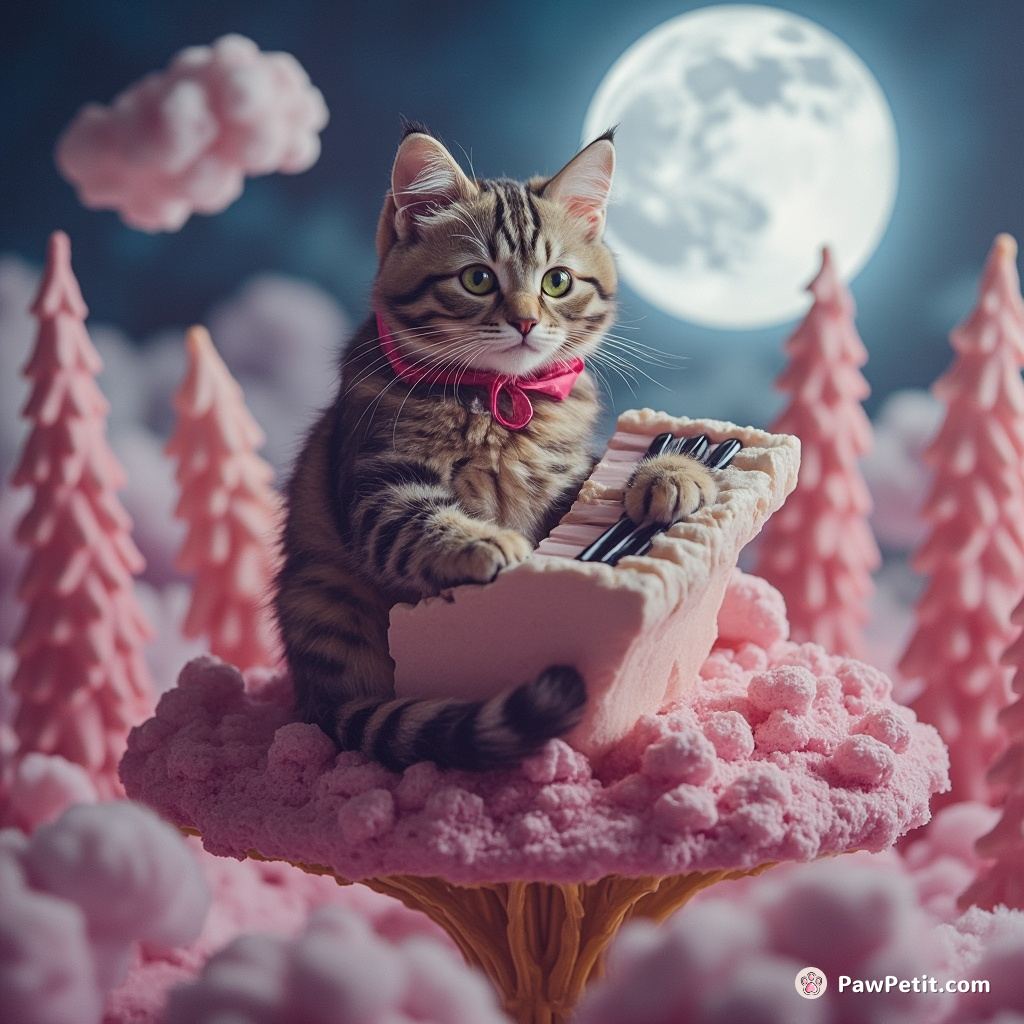 A radioactive tabby cat playing a harpsichord made of marshmallow, on a floating island surrounded by bubblegum trees under a cotton candy moon.