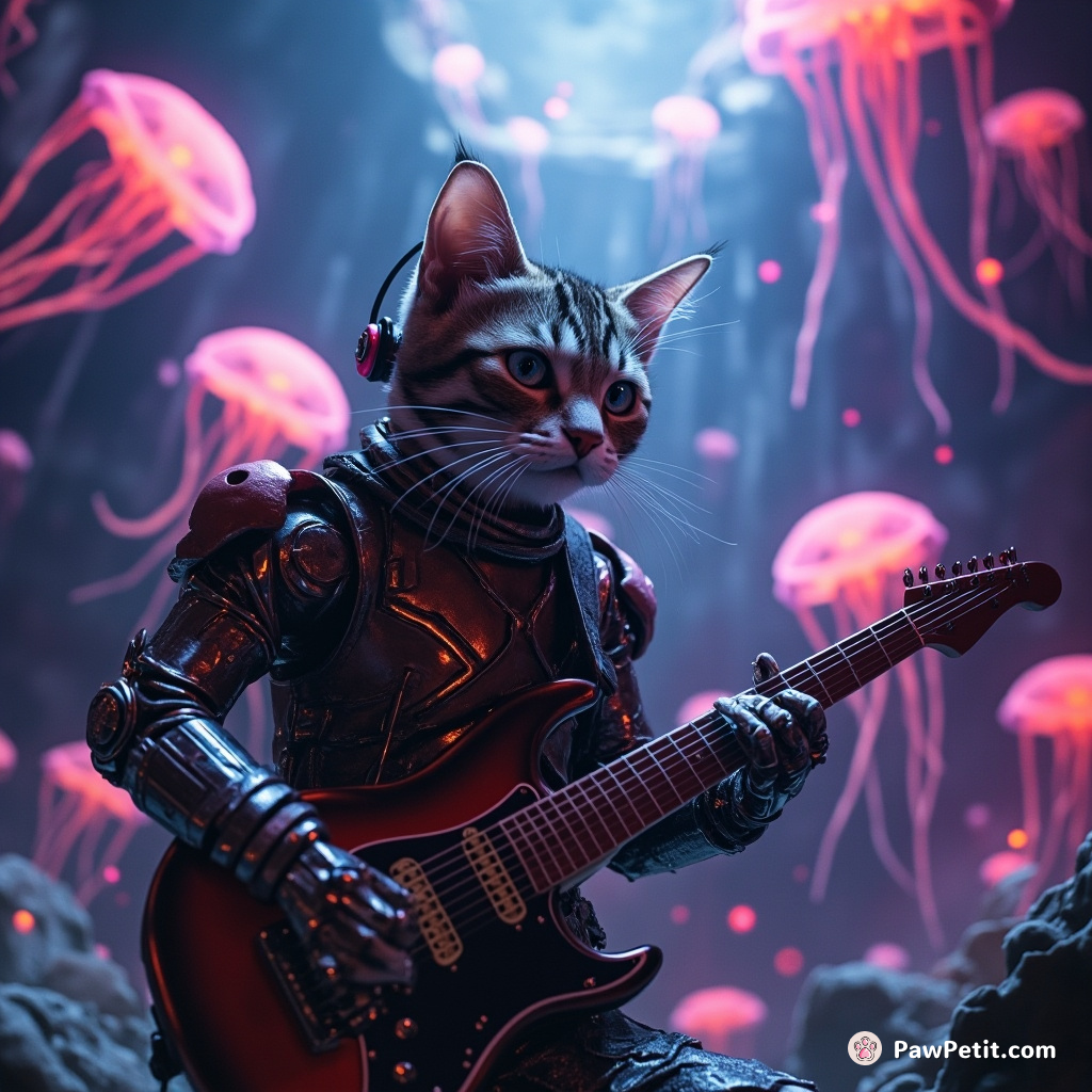 Cyborg cat playing electric guitar amidst a sea of neon jellyfish, lighting up the post-apocalyptic underwater ruin.