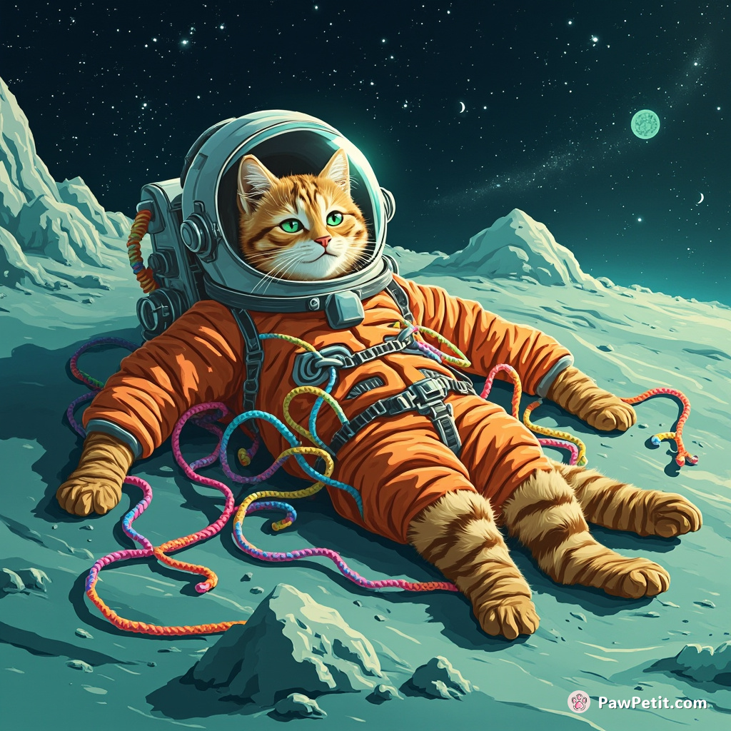 A giant Tabby cat lounging on a teal-colored mars surface while equipped with astronaut gear, playing dreamily with rainbow-colored cosmic yarn.