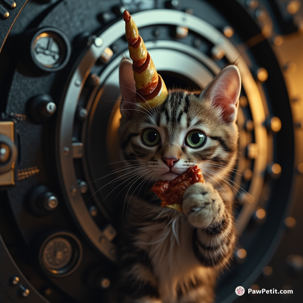 Cat opening a stereotypical Area 51 vault door with unicorn horn, using a slice of pizza as a key.
