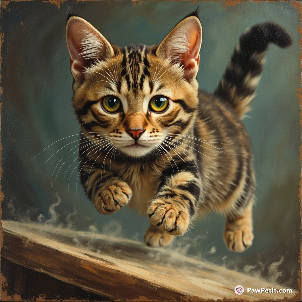 The cat confidently leaps onto the competition platform, swift and agile, showing superior acrobatic skills to beat human opponents.