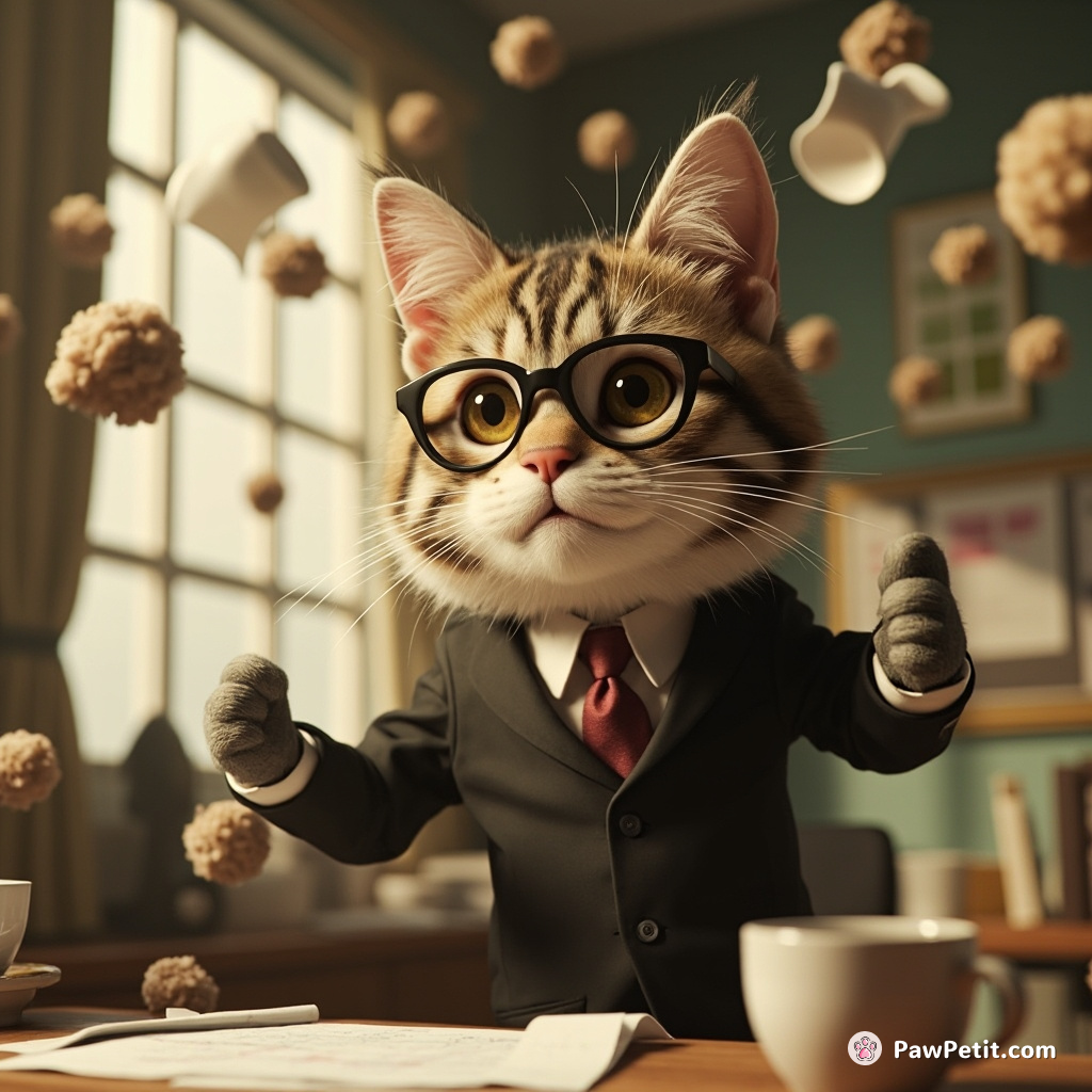 Pretending to be a human, cat in suit sneezes furballs during board meeting, sending charts and coffee cups flying.