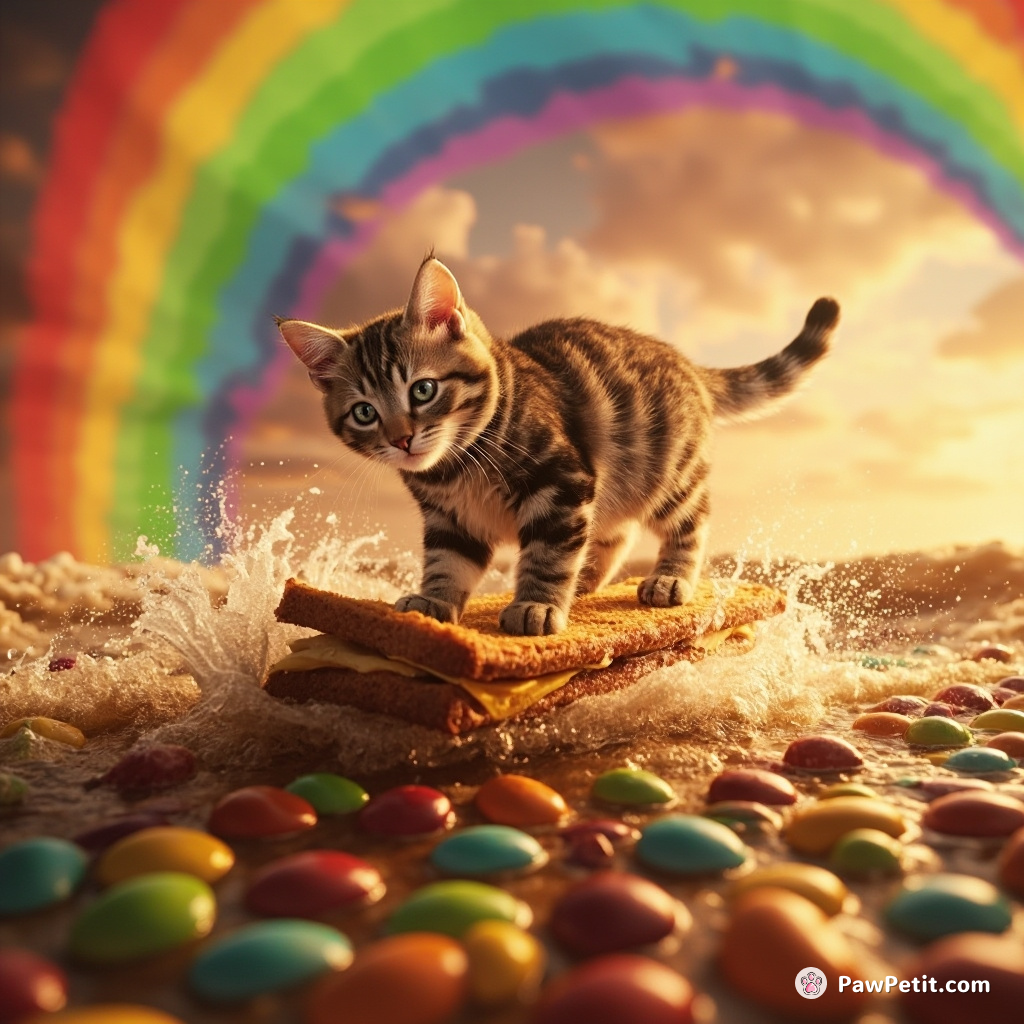 A cat surfing on a piece of grilled cheese in an ocean of coffee under a skittles rainbow.