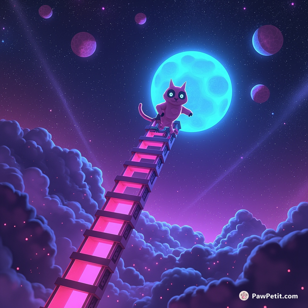 In Spectral Server, the digital realm, PixelPaws—a cybernetic cat— defies gravity by ascending infinite ladders throughout endless cosmic constellations.