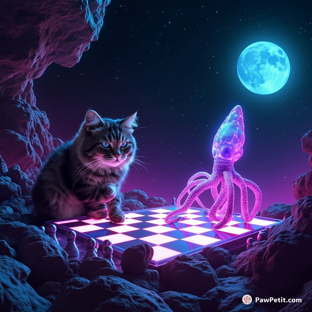 A grumpy cat playing luminous intergalactic chess with a holographic squid atop an asteroid garden.