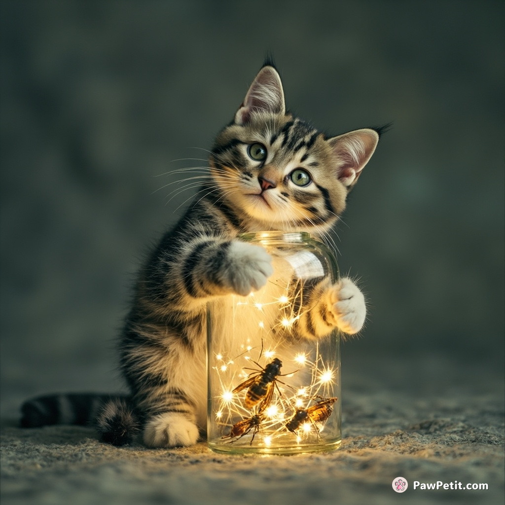 A cat conducting a symphony orchestra of nocturnal insects inside an ornamental glass bottle.