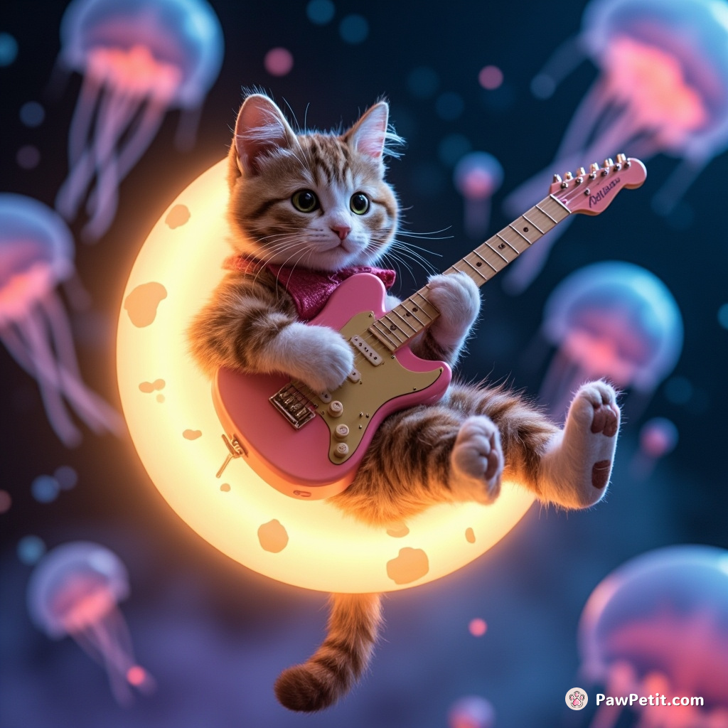 Cat performing a power ballad solo on illuminated moon cheese guitar in zero gravity amidst neon jellyfish rain.