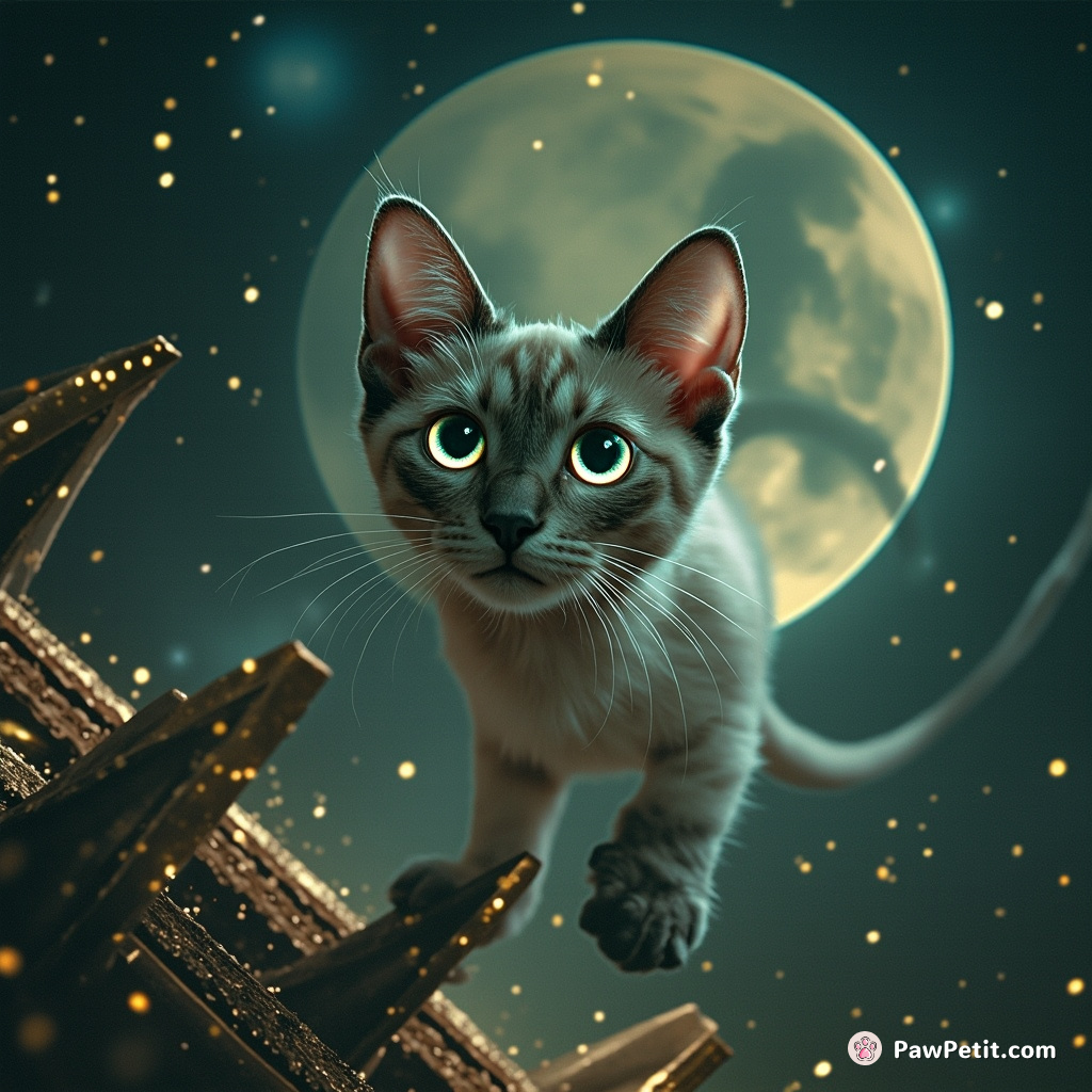 Under alien moons, a cosmic cat nimbly leap-activates the ethereal machinery with trails of stardust in its wake.