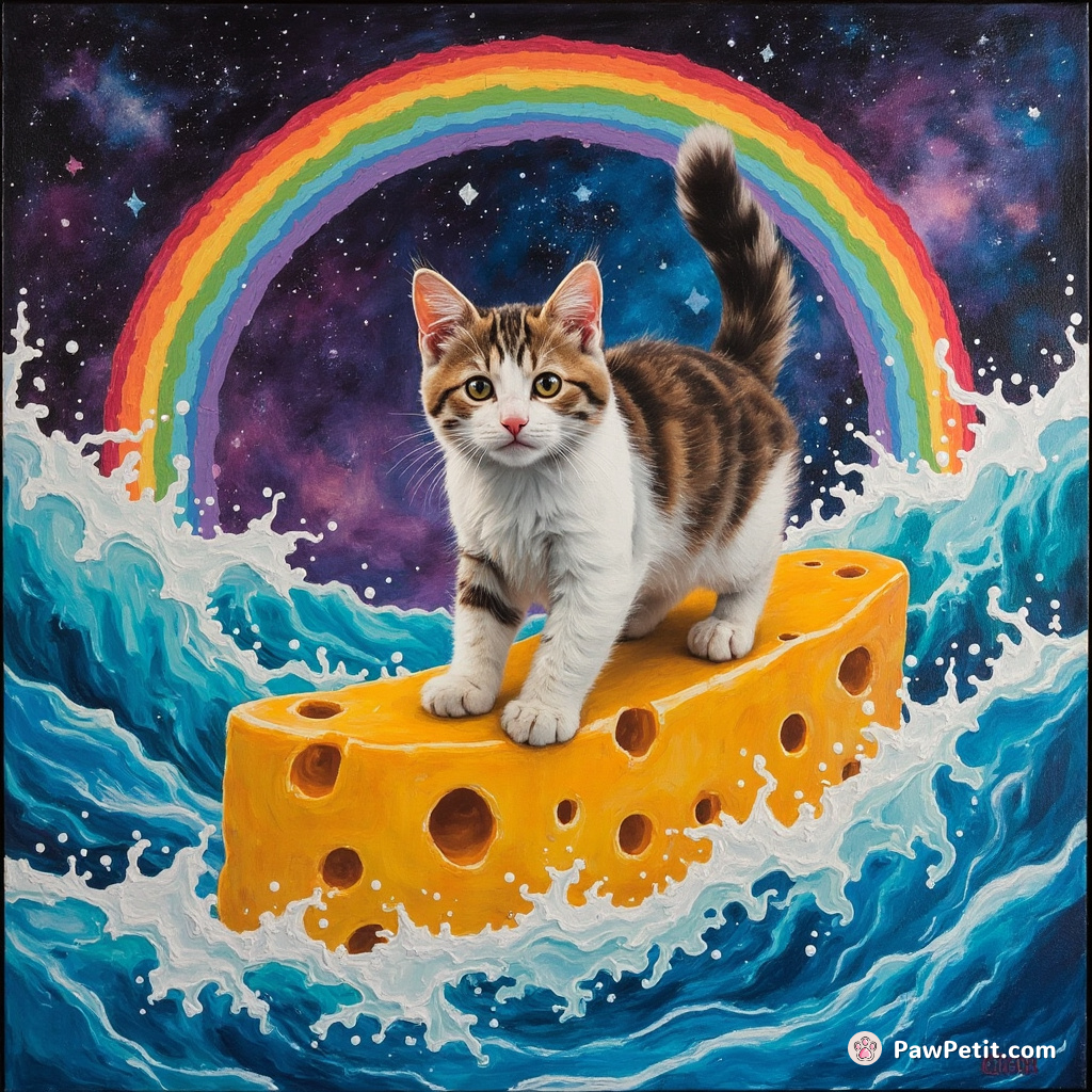 Cat surfing on a giant neon cheese slice in a galaxy of rainbow milk waves.