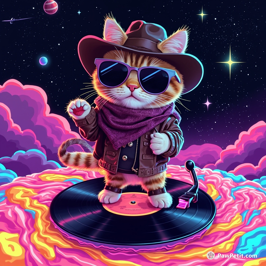 Cat disco dancing on a vinyl record floating in neon jello in outer space, while wearing cowboy-chic clothing.