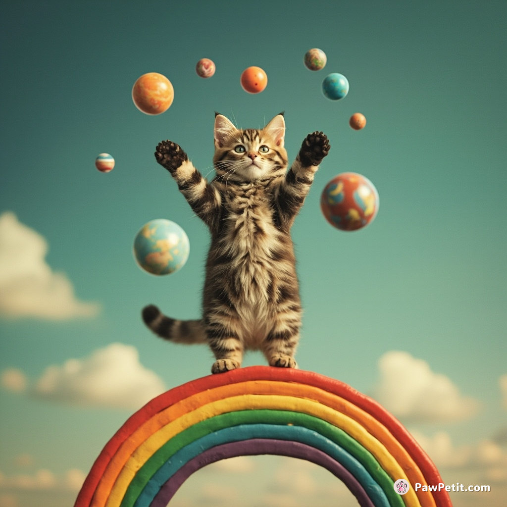 Cat juggling miniature planets while balancing on an upside down rainbow.