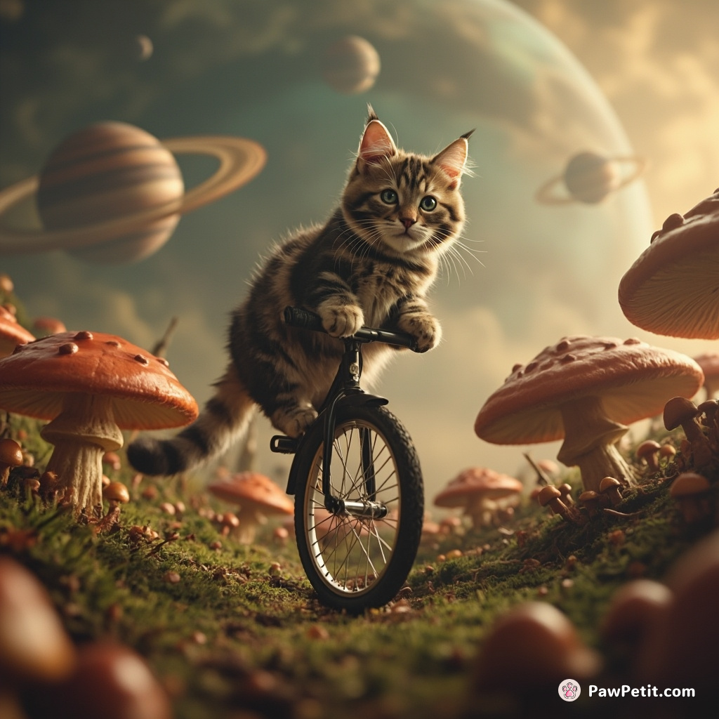 Cat riding a unicycle on a tightrope over an alien planet-infested mushroom forest.