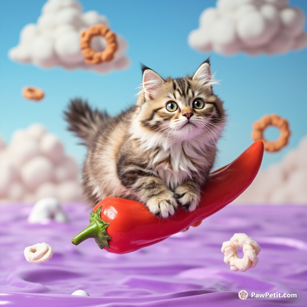 A psychedelic cat riding a floating jalapeno pepper across a lilac ocean under a crystalline sky with doughnut-shaped clouds.