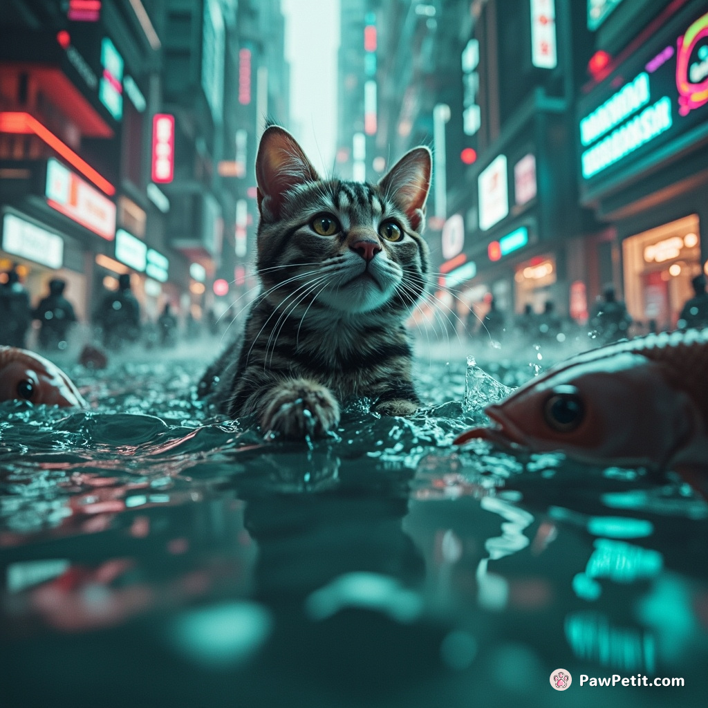 In a rampant city-flood, sleek Whiskers commanded fish to dam up the water triumphantly saving his fellow urban dwellers.