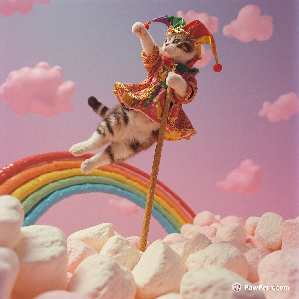 A cat pole-vaulting over a rainbow made of marshmallows in colorful medieval jester attire.