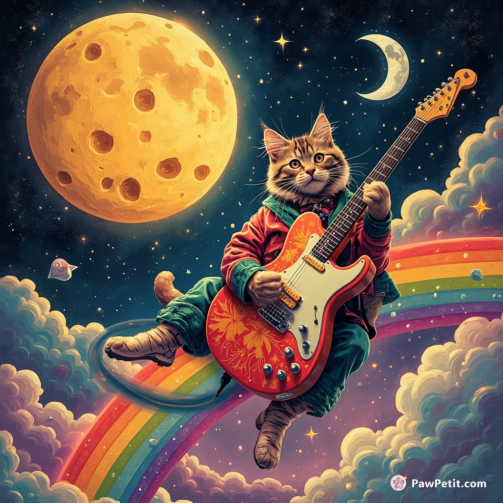 A cat playing a psychedelic electric guitar, power sliding on a rainbow across a fantastic moon made of Swiss cheese.