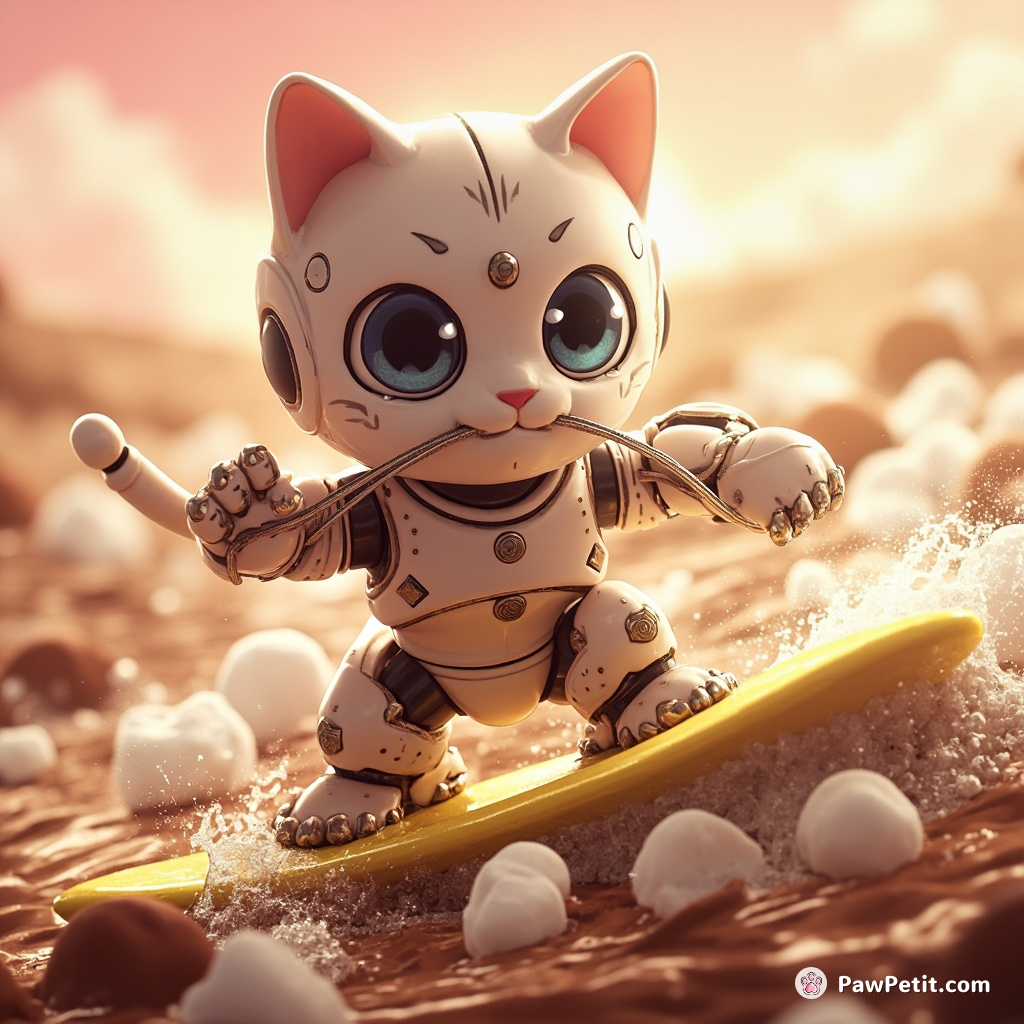A robot cat flossing its metallic teeth while surfing on a marshmallow in an ocean of hot chocolate.