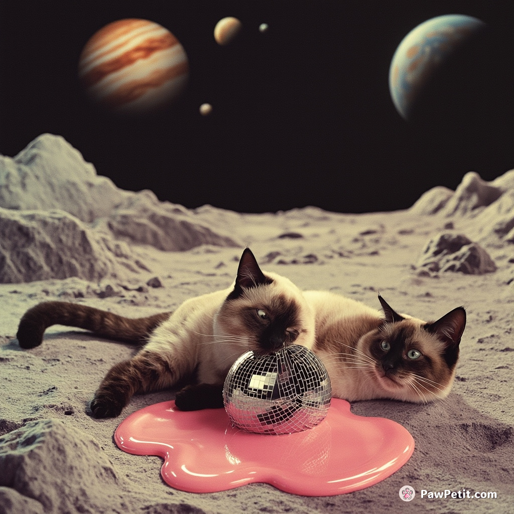 A confused Siamese cat tripping over a melting disco ball on Jupiter's moon Ganymede.
