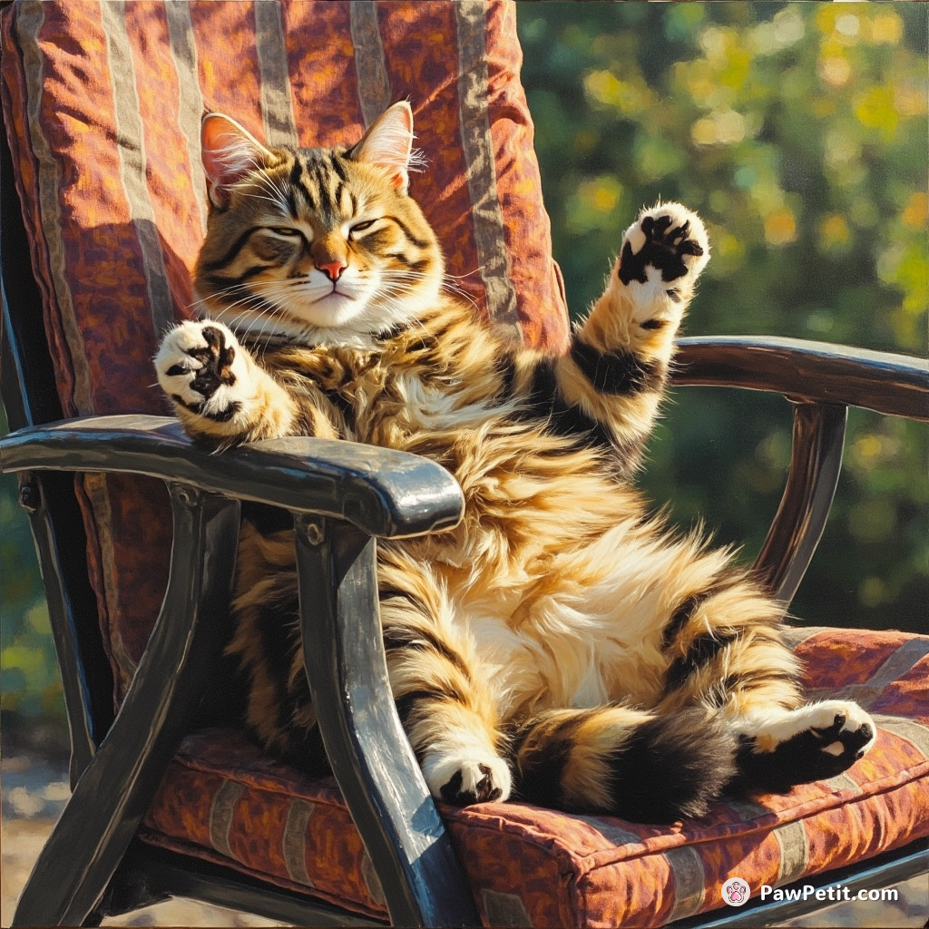 Cat lounges on patio chair, paws up, eyes closed, basking in the sun like a human on vacation.