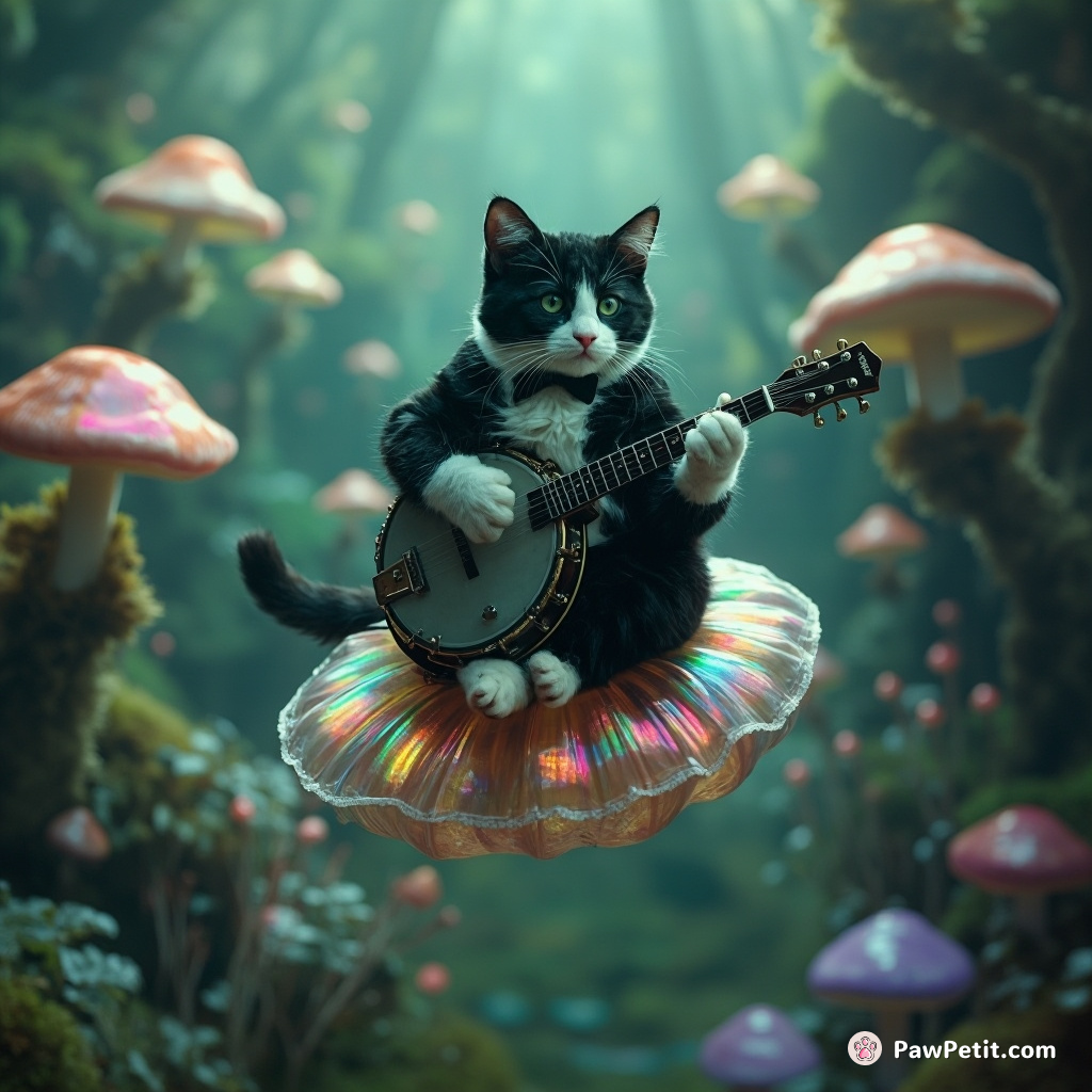 A tuxedo cat playing the banjo while riding on a flying, iridescent jellyfish in an underwater mushroom forest.