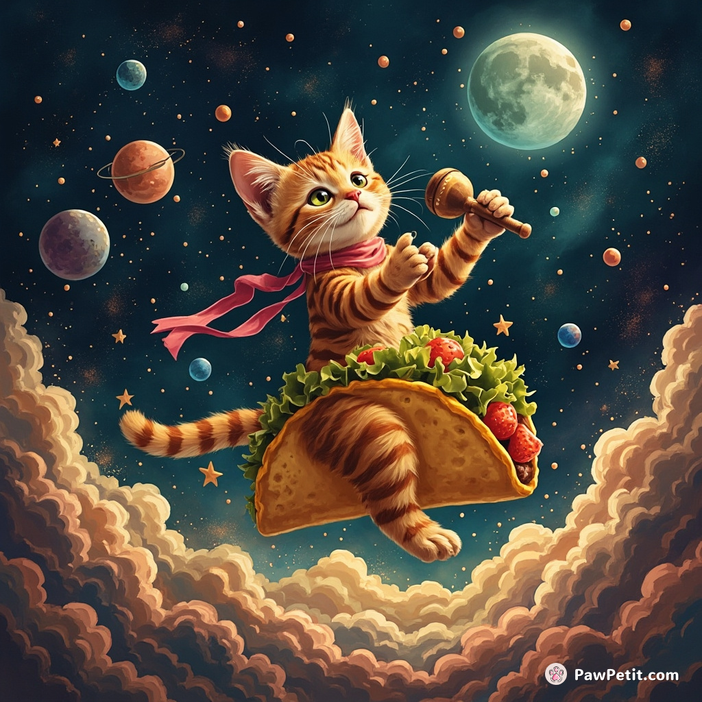 Cat playing maracas while salsa dancing on a taco in outer space.