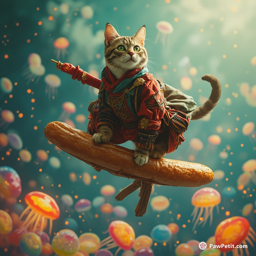 A samurai cat balancing on a flying baguette over an ocean of rainbow jellyfish.