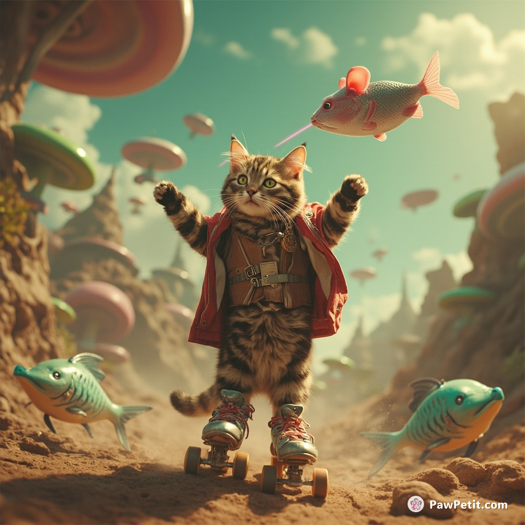 A tabby cat masterfully navigates an orbiting laser-mouse, traversing alien-infested landscapes on metallic fish-powered roller skates.
