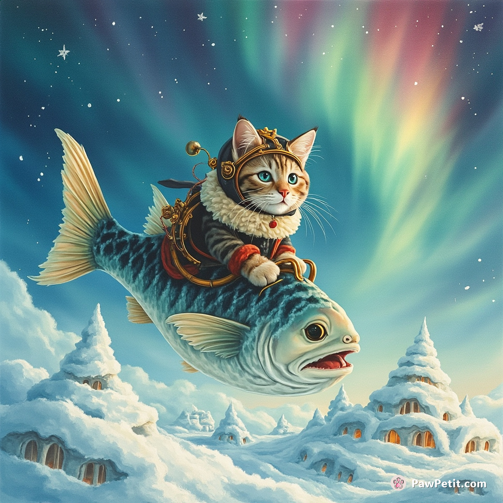 Steampunk cat piloting a flying fish over the igloo city under the multicolor aurora.