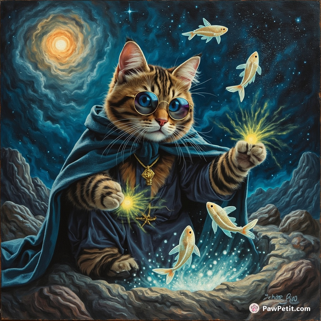 Cat cloaked as an enigmatic sorcerer conjuring phosphorescent fish from a moon crater against a supernova backdrop.