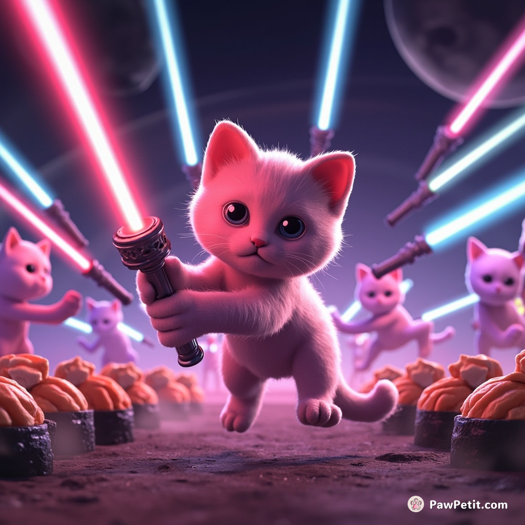 A neon-pink cat engaged in a high-stakes, lightsaber duel on alien terrain against an army of laser-clawed sushi rolls.