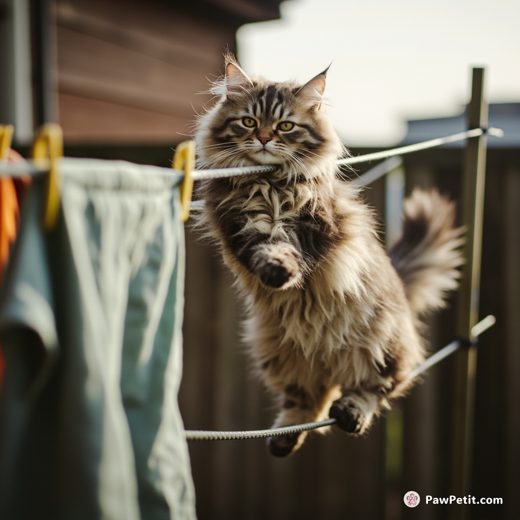 Clumsy cat attempts tightrope walk across clothesline, crashes into laundry. Purr-fect paw steadiness required!