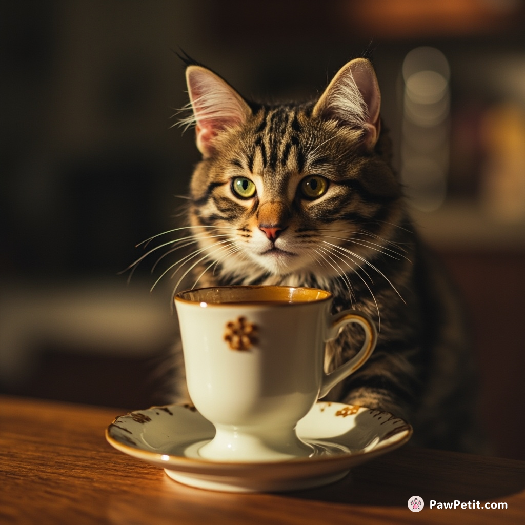 The cat attempts to precariously balance a cup of tea, emulating human's evening ritual.
