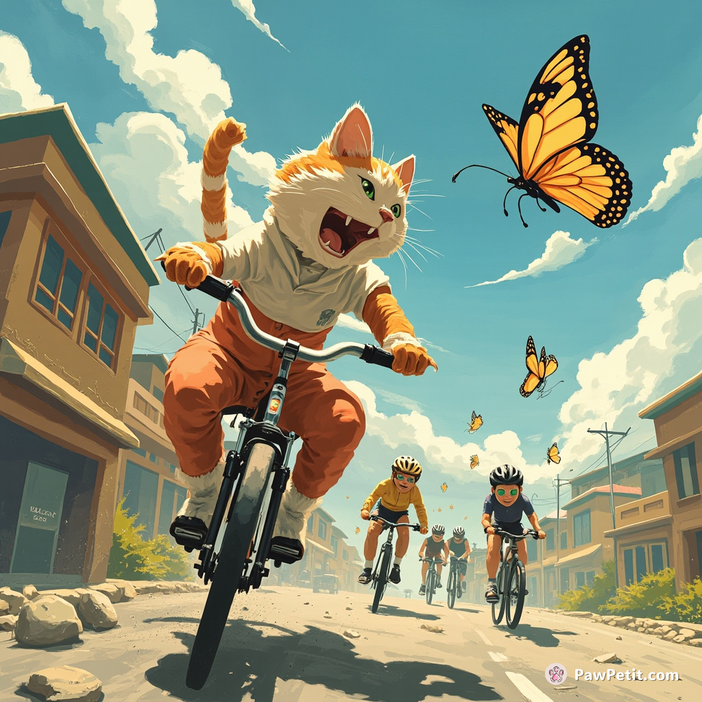 Cat suit-jacks a bicycle race, swerving hilariously, creating mass tumble; all cat-aclysm just to catch a wayward, fluttering butterfly.