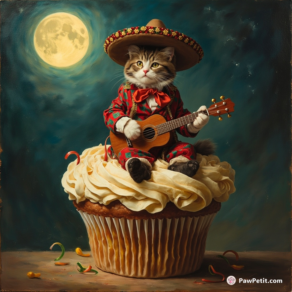 Cat dressed as a mariachi player, serenading the moon with a ukulele on top of a massive cupcake.