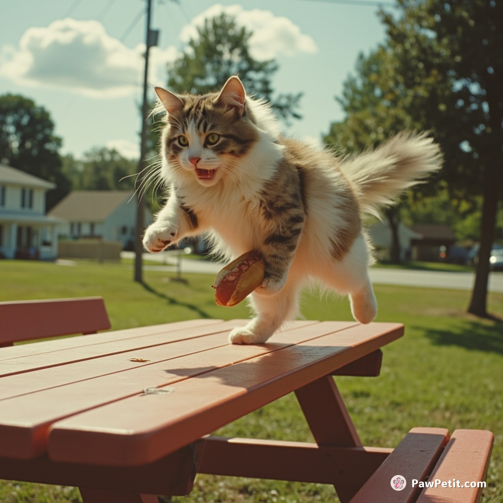 Fluffy scales the picnic table, snatches a hot dog, and executes a flawless feline parkour escape.