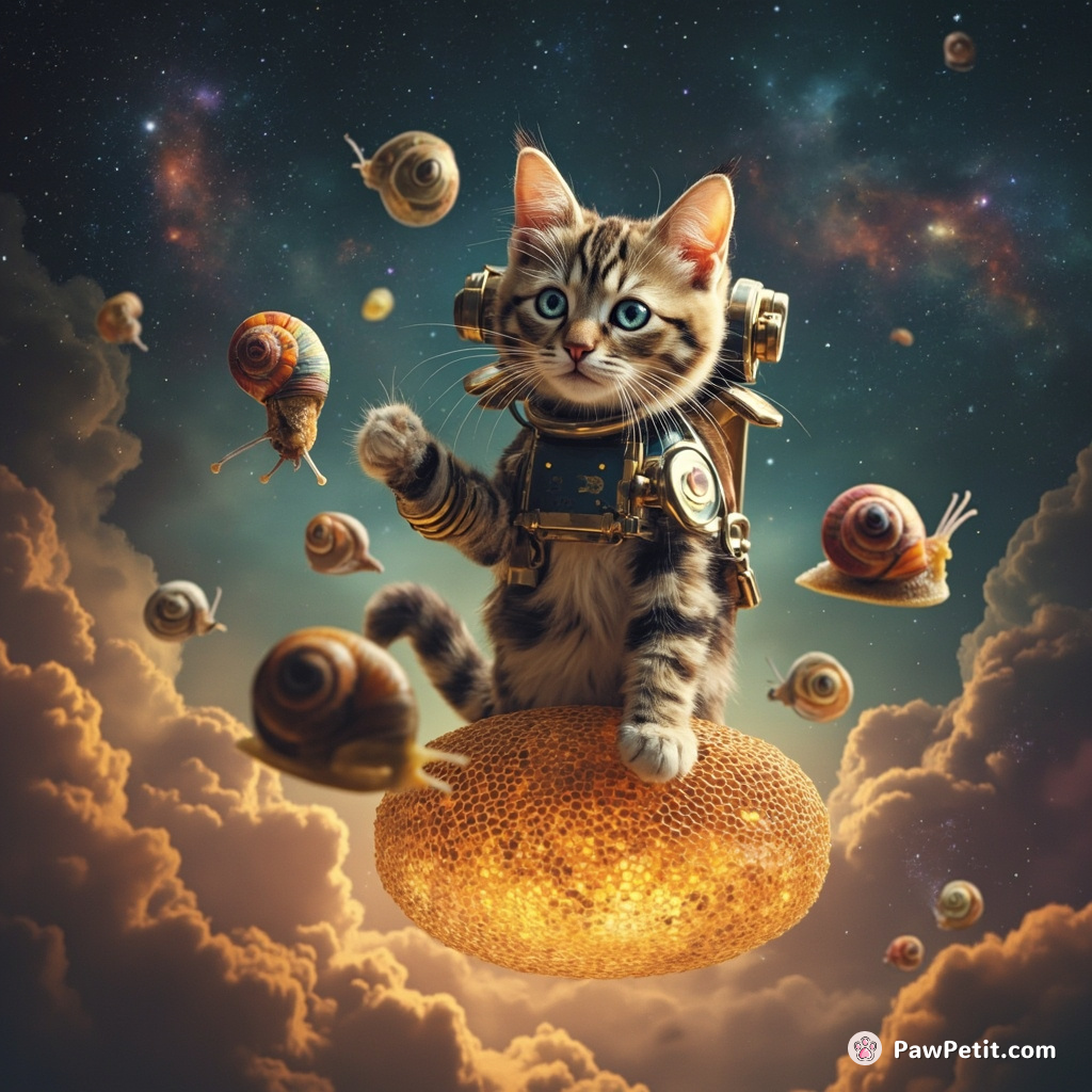 Cyborg cat juggling technicolor snails atop a floating honeycomb in the nebulous cosmos.