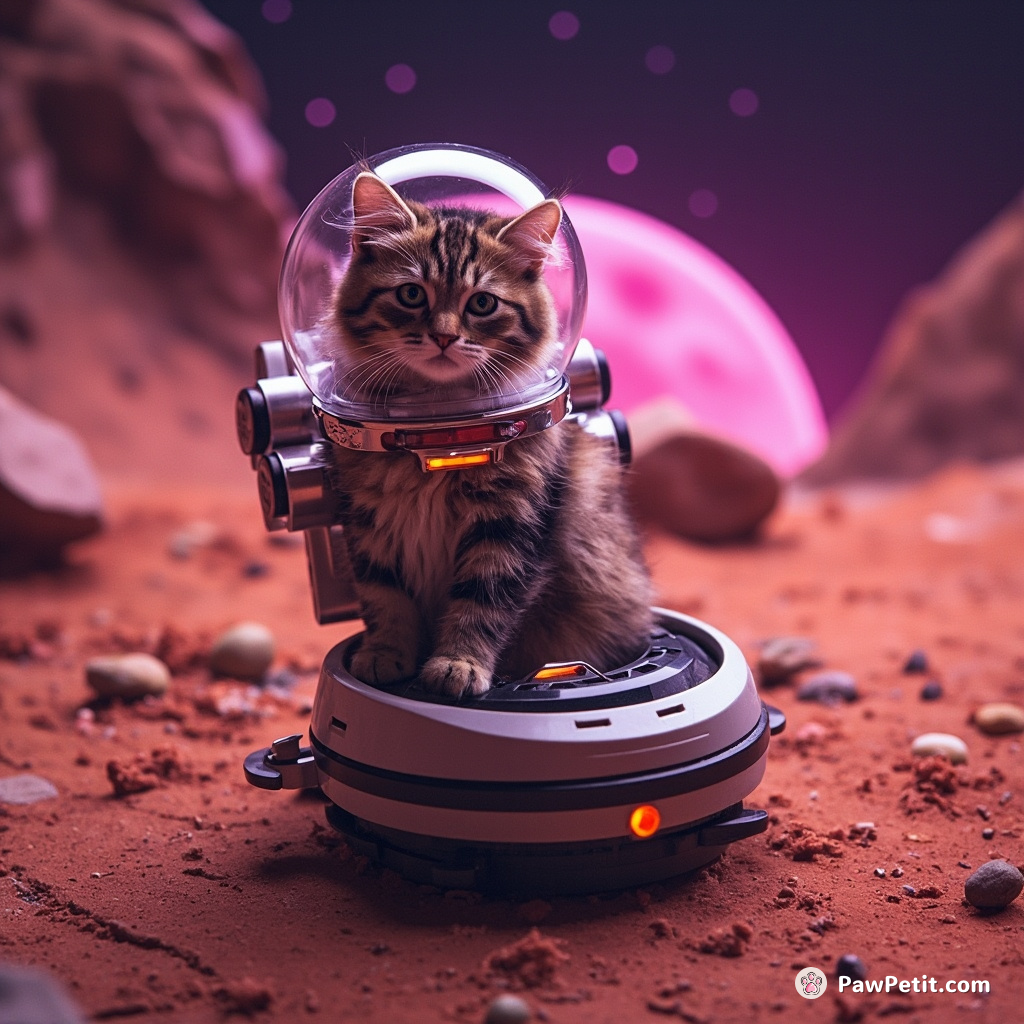 Cat in an astronaut suit sticking its head out of cleaning robot on Mars.