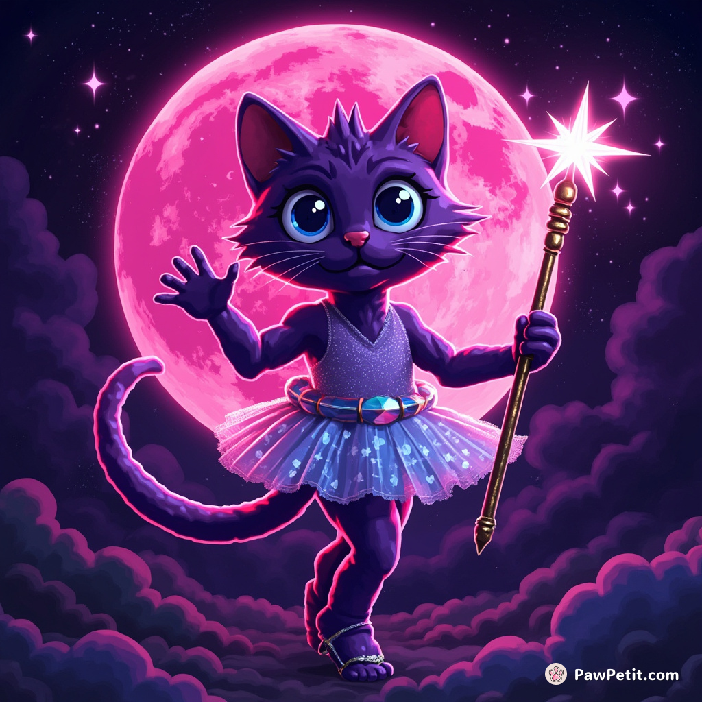 A neon-purple cat orbiting a bubble-gum pink moon, in a star-disco leotard, casting spells with its ethereal staff.