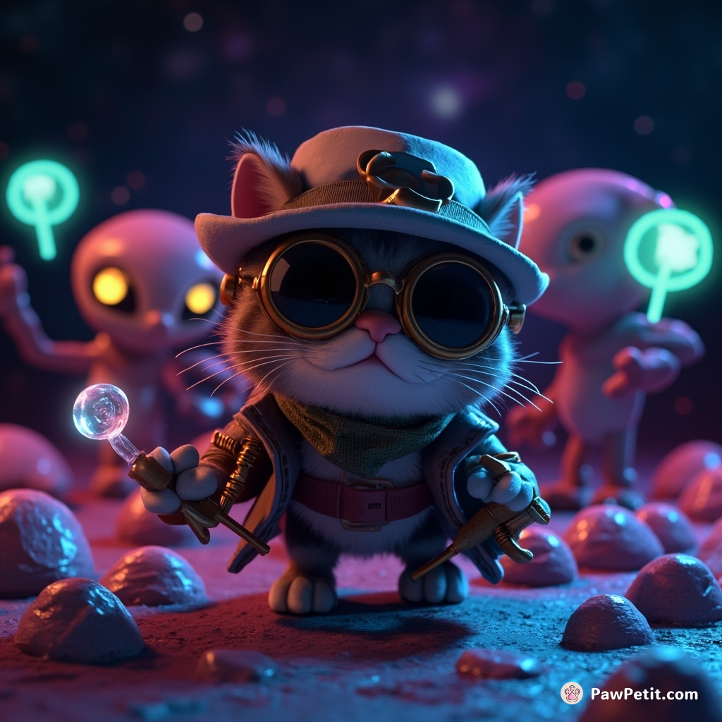 Steam-punk cat detective hunting glow-in-the-dark aliens in a chocolate galaxy.