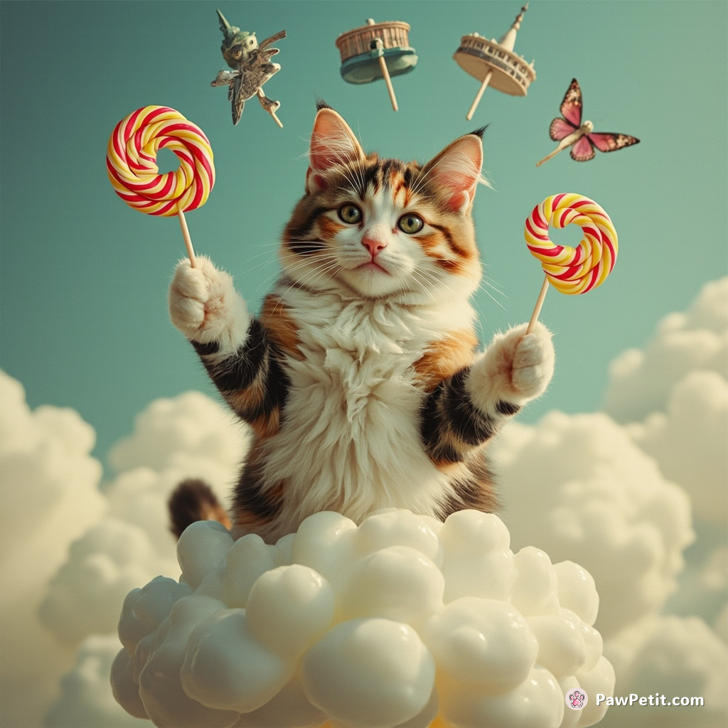 A psychedelic calico cat juggling miniature copies of famous landmarks on a floating cloud lollipop.