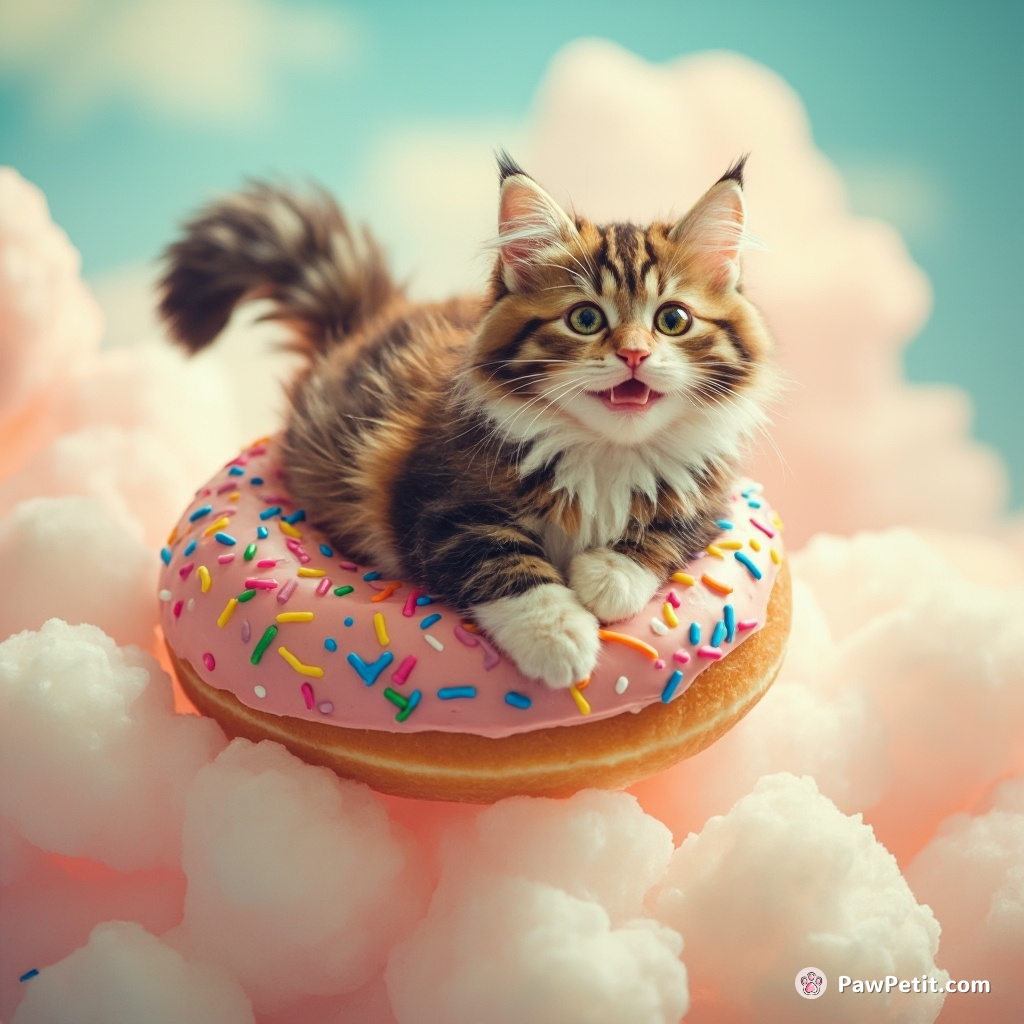 Cat riding on a flying donut through a marshmallow cloud.