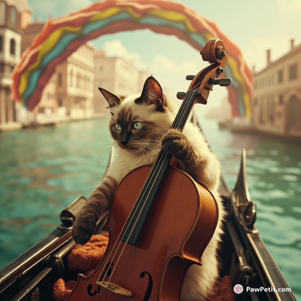 A cello-playing Siamese cat on a Venetian gondola gliding under a rainbow bacon bridge in a marshmallow sky.