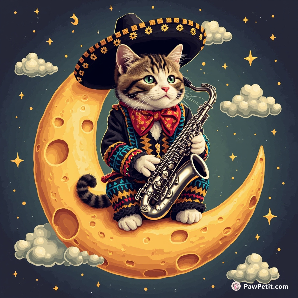 Cat in neon mariachi attire playing a silver saxophone on the surface of a moon made entirely out of Gouda cheese.