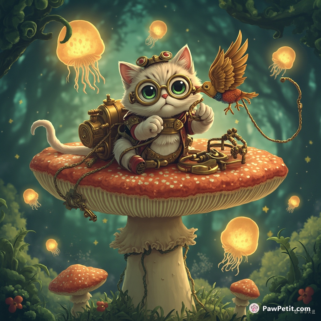 A steampunk cat crafting a mechanical bird using brass and gears atop a towering forest mushroom amidst floating jellyfish-like lanterns.