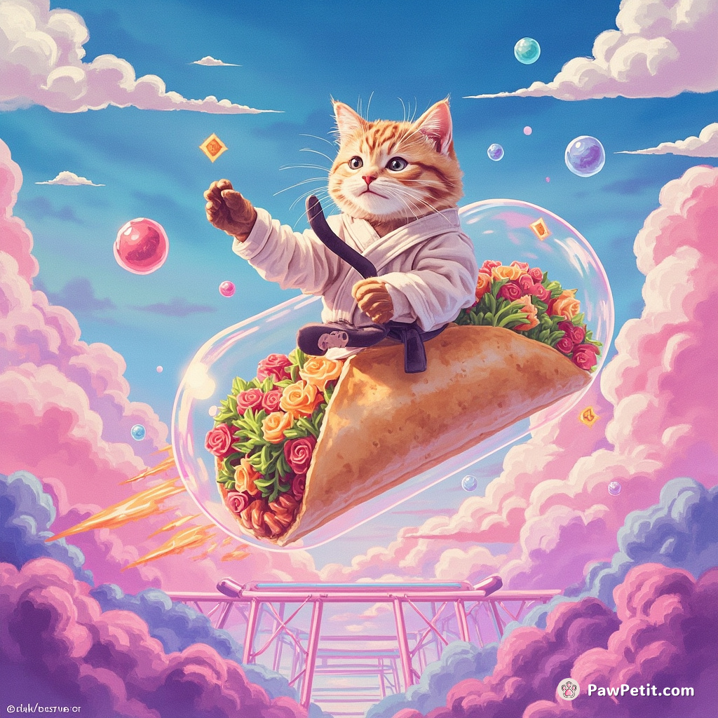 Pixelated video game cat doing a karate kick while riding on a flying burrito encompassed in a soap bubble over neon geometric landscape.