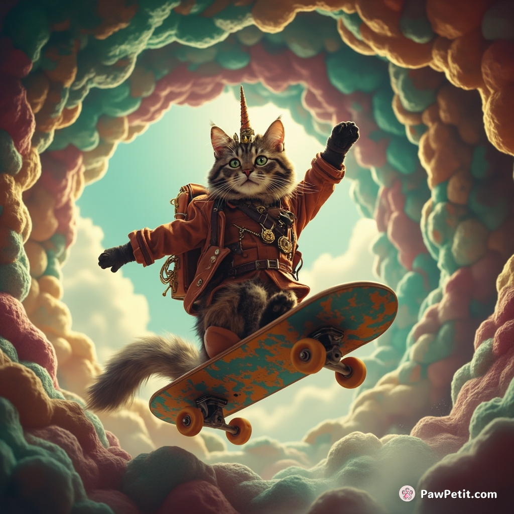 Steampunk cat riding a unicorn skateboard through an interdimensional wormhole.