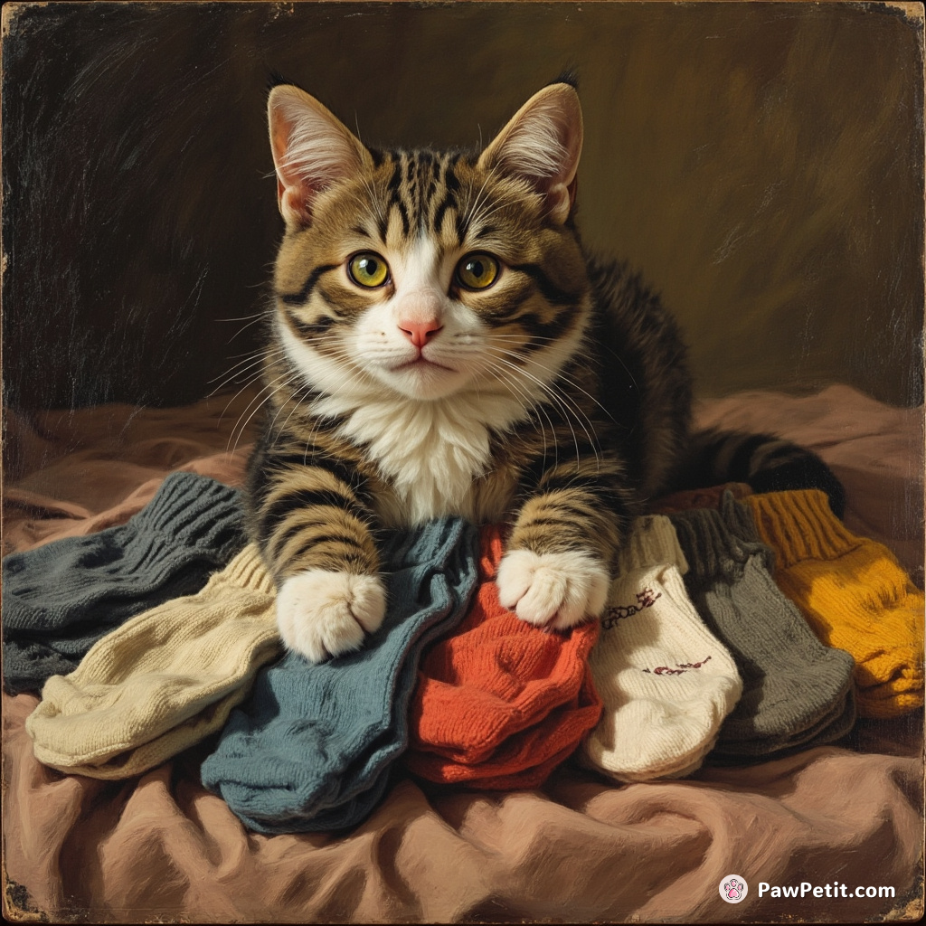 **Cat Action:**  
The cat carefully arranges a row of socks, convinced they are the currency of human power.