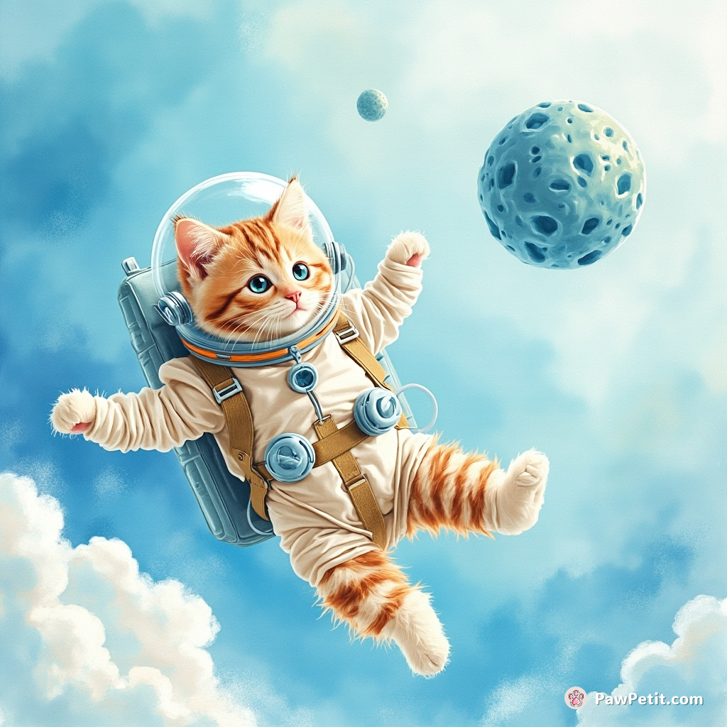 Cat skydiving in astronaut gear towards a planet made of blue cheese.