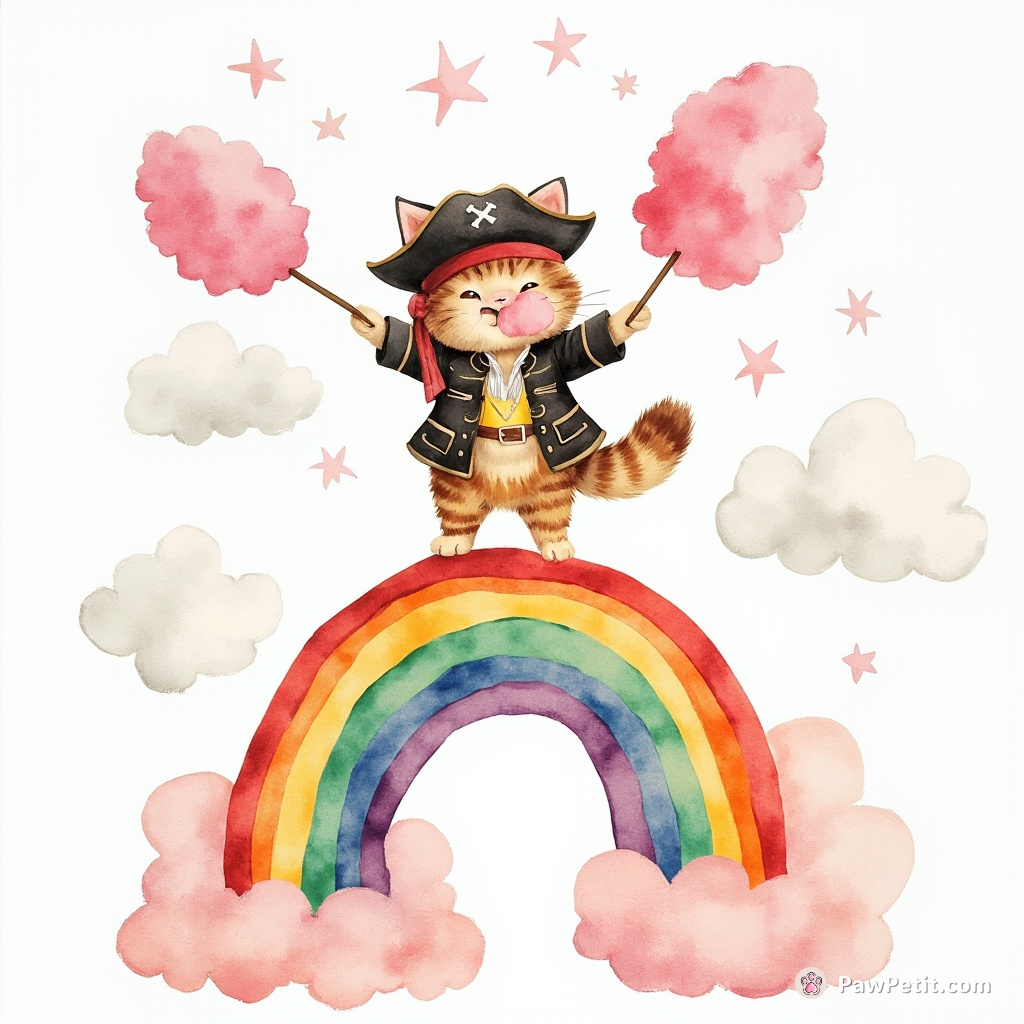Pirate cat balancing on a vibrant rainbow while juggling clouds and eating cotton candy.