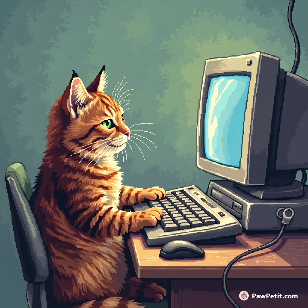The cat attempts to operate a computer, convinced it's a human communication device for meowing.